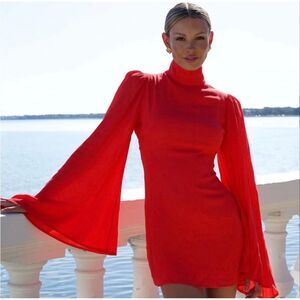 YLLW The Label Raya Red Bell Sleeve High Neck Mini Dress Small NWT